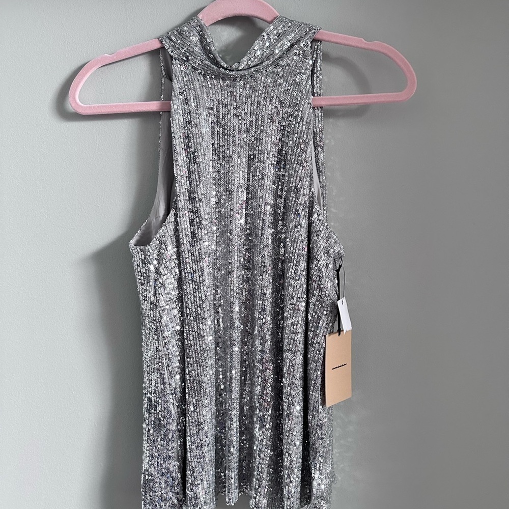 Women’s Blouse Silver Sequin Hi Neck Sleeveless Top Wedding Event Dressy XS R1
